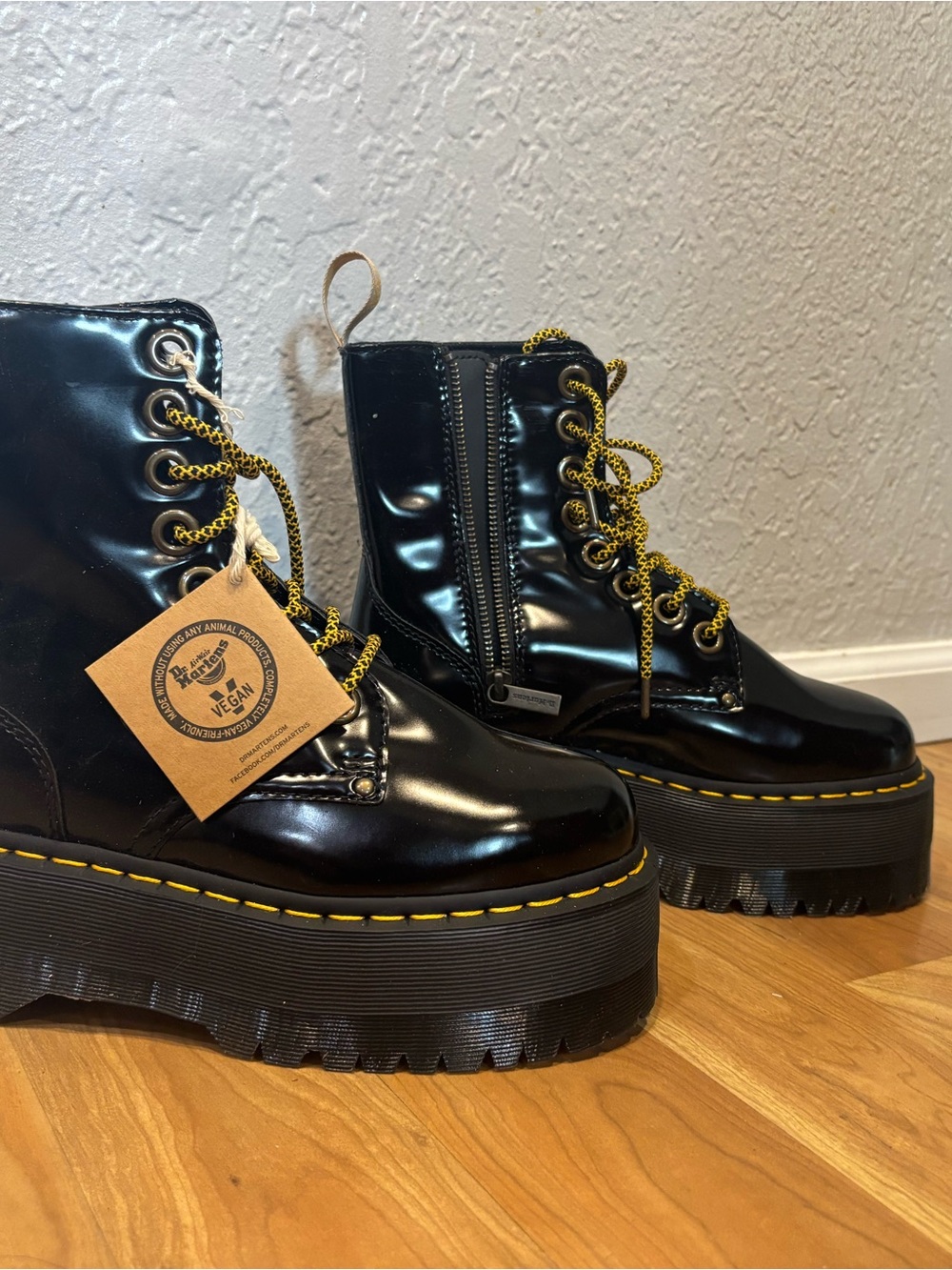 Dr. Martens Black Patent Platform Combat Boots with Yellow Accents